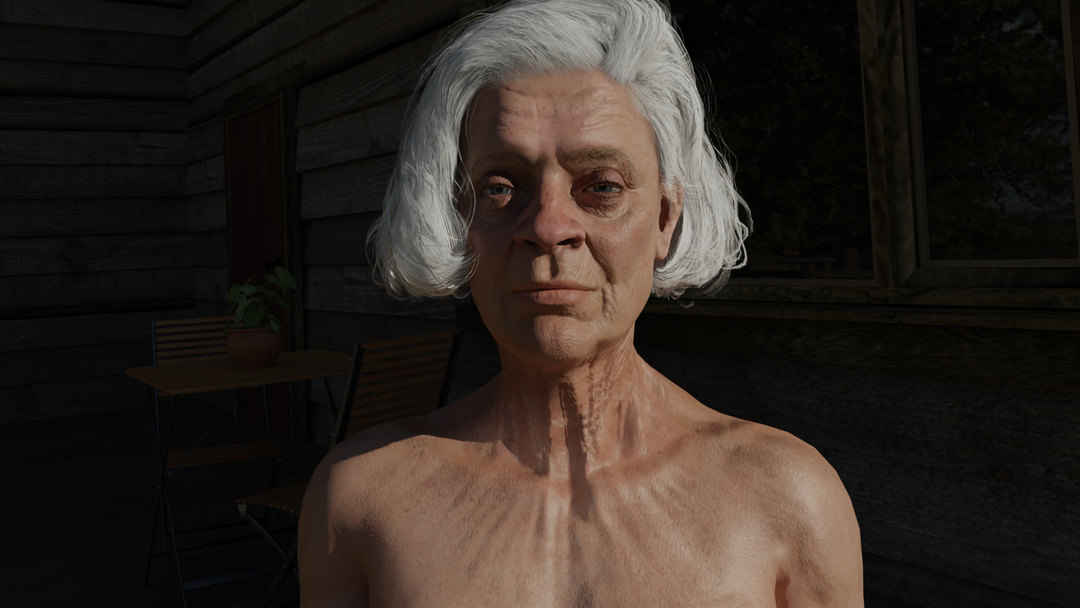 Primer plano de la anciana de pelo blanco, con el rostro muy arrugado, mirando al frente en una habitación en penumbra.