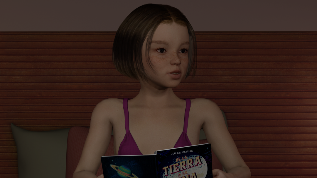 Una niña con melena corta castaña, sentada en la cama, lee un libro con un planeta en la portada.