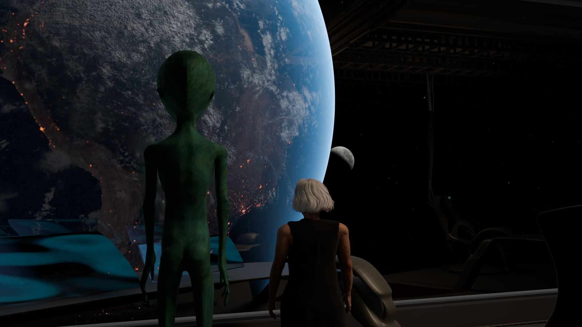 Fotograma de animación: de espaldas, un alien verde y alto y una mujer de pelo blanco con un vestido oscuro sin mangas, de pie ante la ventana de una nave, miran la Tierra y la Luna.