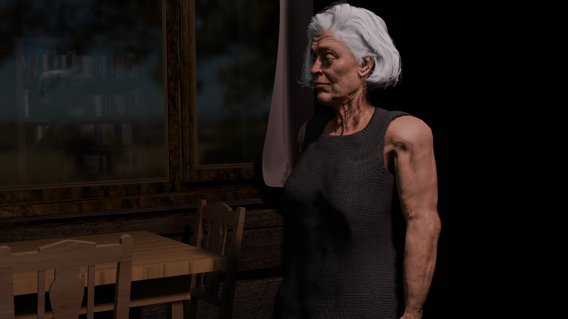 Fotograma de El último respiro: una mujer mayor de pelo blanco, con un vestido oscuro sin mangas, de pie junto a una ventana en una habitación en penumbra con una mesa y sillas de madera.