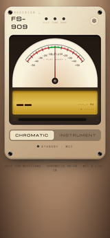 Captura de Vintage Tuner: la caja color crema de un afinador con una esfera de aguja analógica marcada en cents, una pantalla LCD ámbar y el selector Cromático / Instrumento, en espera.